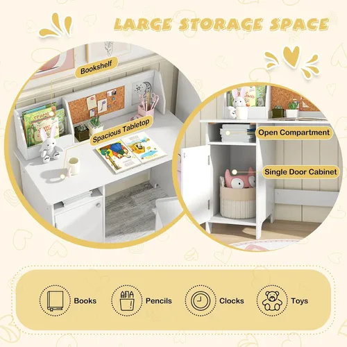 Vista 5 de Costzon Juego de escritorio y silla para niños, mesa de estudio de madera para niños con almacenamiento, gabinete, tablero de anuncios de corcho