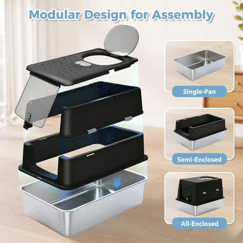 Vista 7 de PAWZ Road Caja de arena para gatos de acero inoxidable, caja de arena cerrada XL extra grande con bandeja de metal antiadherente, lados de 16