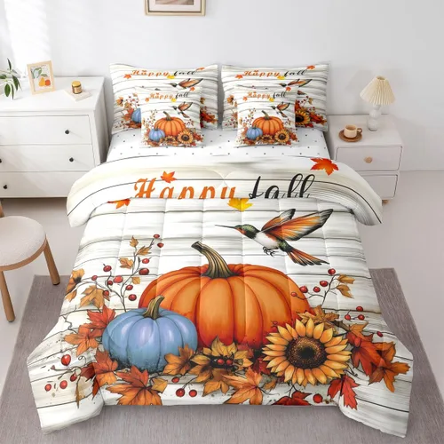 Vista 19 de Feelyou Fall Pumpkin Comforter Set with Sheets 7 Piece Twin Size Autumn Bed in a Bag Kids Boys Girls Pumpkin Maple Leaf Bedding Set Hummingbird Beig