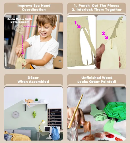 Vista 3 de Puzzled Rompecabezas 3D de madera de tortuga verde, kit de modelo de construcción de manualidades, divertido juguete educativo único de madera