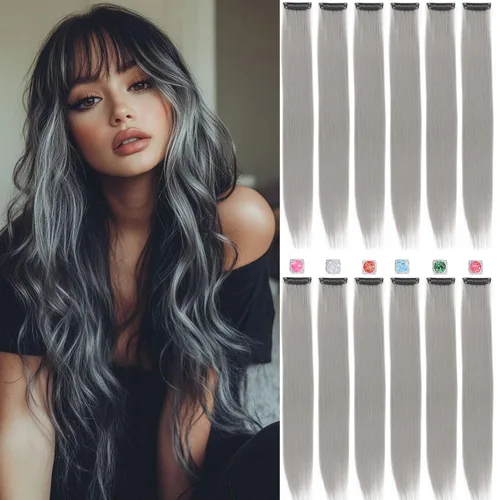 Vista 13 de Extensiones de cabello de colores, extensión de cabello liso con clip de 22 pulgadas, extensiones de cabello con brillantina multicolor arcoíris