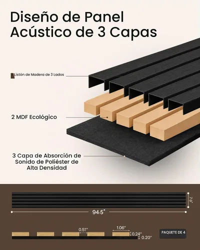 Vista 5 de Paneles de pared de listones de madera acústica, paquete de 4 unidades de Negro