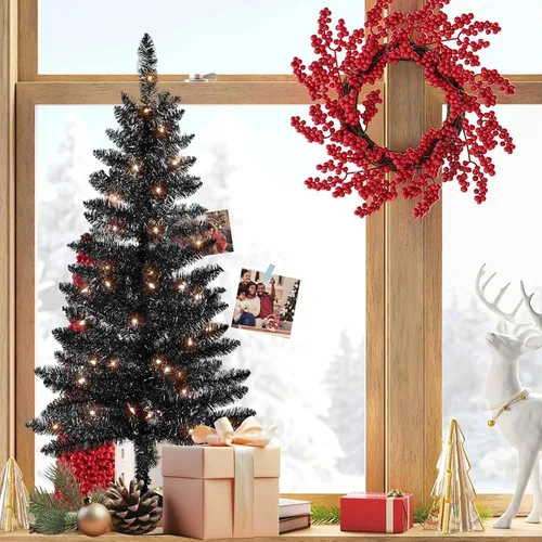 Vista 7 de Liguanow Árbol de Navidad artificial de 4 pies completamente negro con luces separadas, no preiluminado, mini árbol de Navidad de oropel negro, 50
