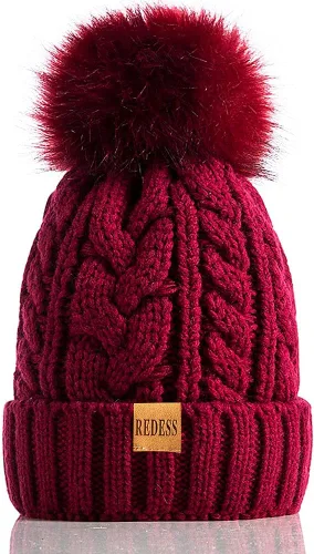 Vista 31 de Redess Gorro de invierno con pompón y forro polar cálido, grueso y holgado, tejido, para la nieve, para esquiar, para mujer Beige