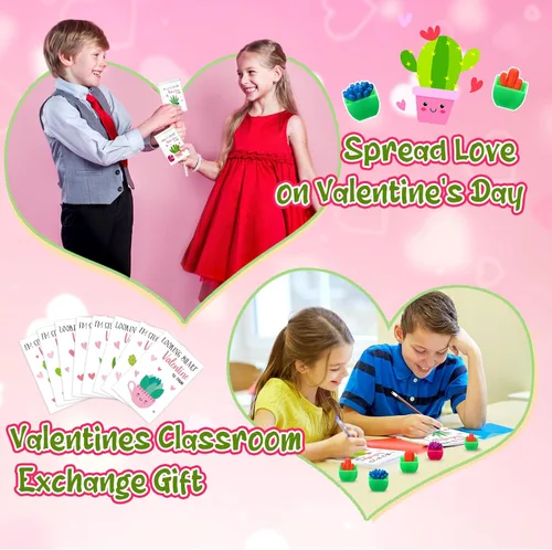 Vista 7 de Capoda 48 juegos/96 piezas de juguetes para el día de San Valentín con tarjetas para el aula, regalos de intercambio de San Valentín, cactus