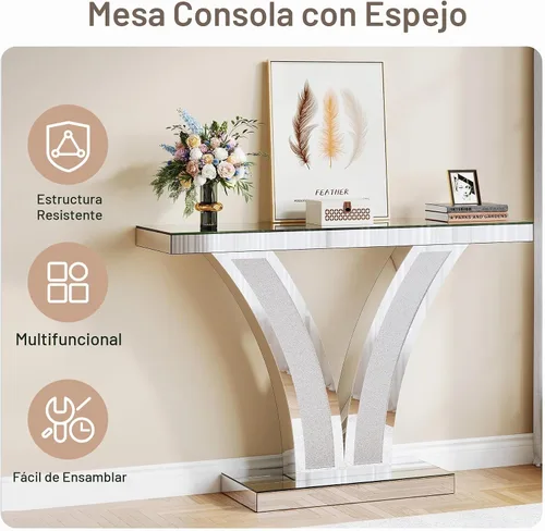 Vista 5 de Tribesigns Mesa de consola con espejo, moderna mesa de sofá de entrada plateada con marcos de incrustaciones de cristal para sala de estar, pasillo