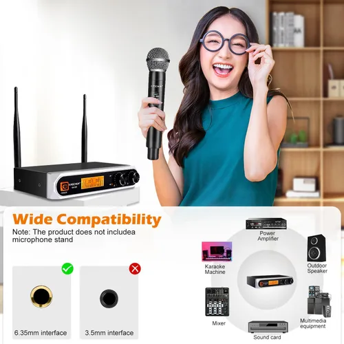 Vista 7 de Sistema de micrófono inalámbrico, frecuencia fija, micrófonos de mano UHF duales, alcance de 200 pies, Plug & Play, micrófono inalámbrico