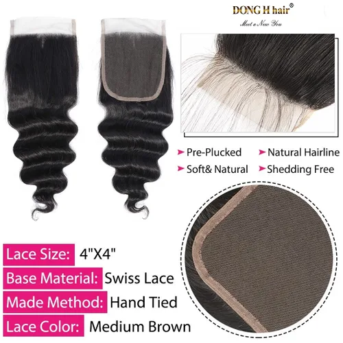 Vista 3 de Mechones de cabello suelto con ondas profundas peruanas con cierre, (16"18"20"+14Cierre) Extensiones de cabello peruano virgen 8A con mechones