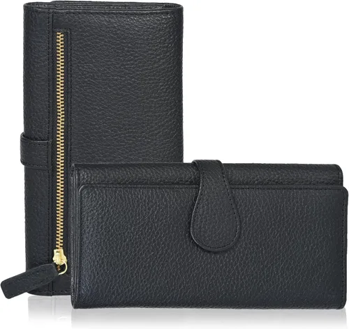 Vista 25 de Cartera de cuero genuino para mujer de cuero con bloqueo RFID - Tarjetero triple de diseñador para damas tipo clutch con ventana de identificación