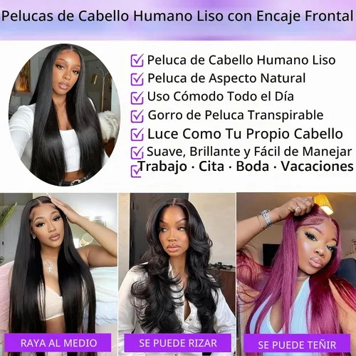 Vista 3 de NKTU Pelucas de cabello humano con encaje frontal, sin pegamento, para Color natural recto