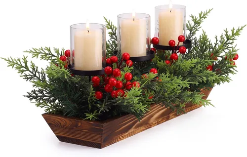 Vista 9 de Centro de mesa navideño de 3 pilares con portavelas de Navidad, bayas rojas artificiales, conos de pino y base de acero, arreglo de bayas