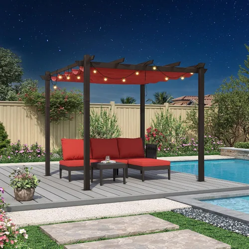Vista 26 de PURPLE LEAF Pérgola de 10 x 12 pies con toldo retráctil, pérgola cuadrada de bronce de aluminio para patio al aire libre, junto a la piscina, beige