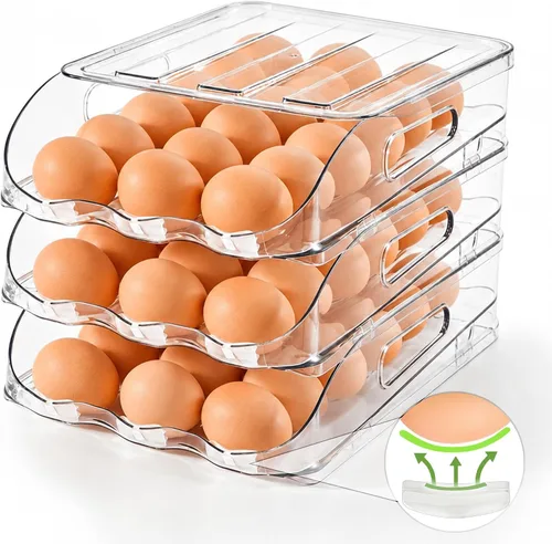 Vista 10 de SMRCAD Soporte para Huevos para Refrigerador, Dispensador de Huevos con Rodamiento Estable Automático con Parachoques de Silicona y Asa para Nevera