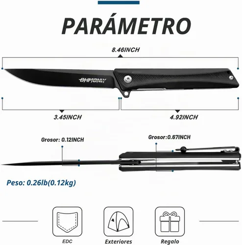 Vista 2 de ohmonlyhoo Cuchillo de bolsillo, cuchillo plegable de 3.5 pulgadas con mango G10 y hoja D2, cuchillo EDC con funda de nylon para hombres y mujeres