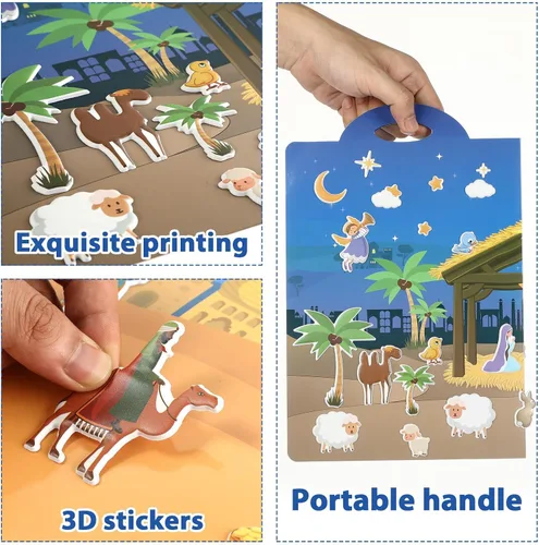 Vista 4 de Libro de actividades con pegatinas 3D hinchables de Navidad 100 pegatinas reutilizables Actividades para niños Escena religiosa Libro de pegatinas