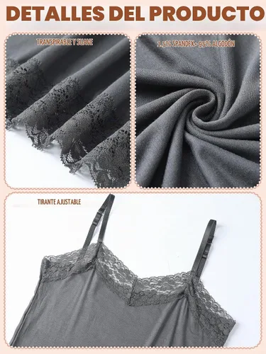 Vista 6 de 3 piezas de camisolas largas para mujer con encaje, camisetas sin mangas con cuello, camisolas ajustables con tirantes de espagueti y ribete de 12