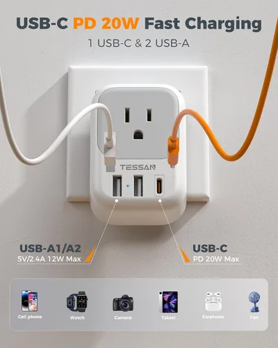 Vista 4 de TESSAN Adaptador de Enchufe de Viaje Europeo USB C Paquete de 3, Adaptador de Enchufe de EE.UU. a Europa con 4 Tomas de CA 3 Puertos de Carga USB