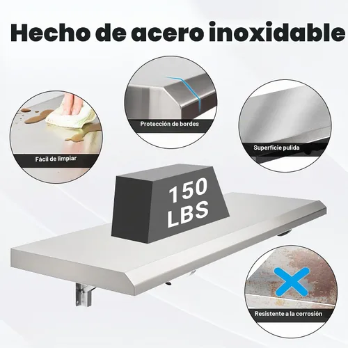 Vista 6 de Estante Plegable de Concesión 24" x 12", Estante Desplegable Plegable de Acero Inoxidable para Servir Alimentos para Ventanas de Concesión