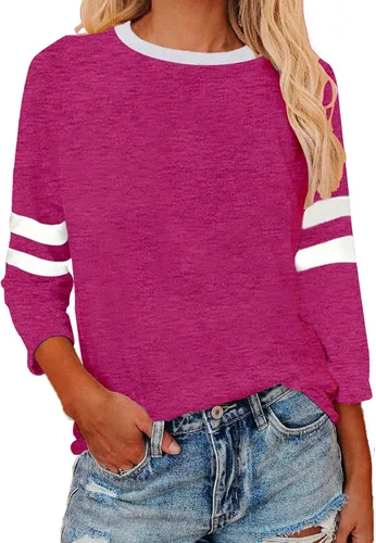 Vista 17 de Camisas de manga 3/4 para mujer, camisetas de verano con cuello redondo, camisetas básicas sueltas de mezcla de algodón para mujer