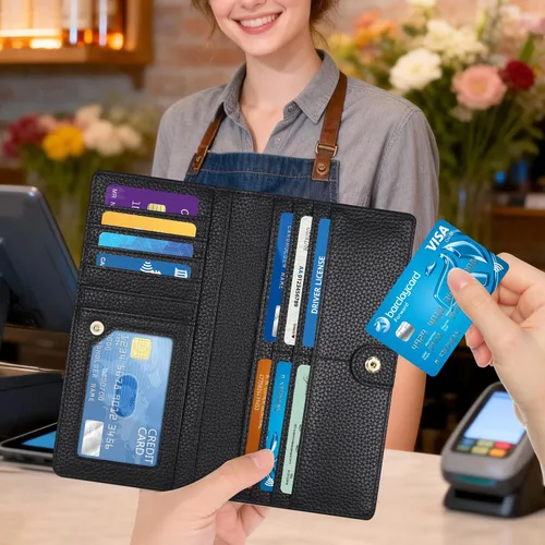 Vista 3 de Billetera para mujer, billetera RFID extradelgada, bolso plegable de cuero, con 11 ranuras para tarjetas y ventana de identificación, lindo monedero