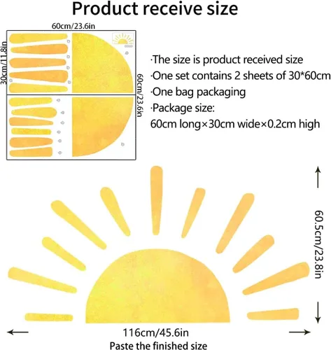 Vista 6 de 45.6 x 23.8 pulgadas, diseño bohemio de medio sol, calcomanías de pared removibles para pared, vinilo para despegar y pegar, calcomanías de medio
