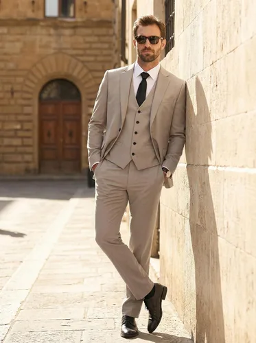 Vista 2 de Traje de 3 piezas para hombre con corbata, chaleco sólido de un botón y beige (529-beige)