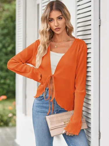 Vista 3 de ZAFUL Blusa plisada de manga larga con cuello en V profundo y lazo frontal para mujer