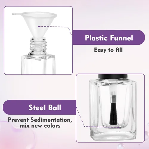 Vista 4 de AHIER Botellas transparentes de esmalte de uñas vacías con embudo de tapa de cepillo y bola mezcladora (0.2 fl oz 5p) Clear Glass Empty Fingernail