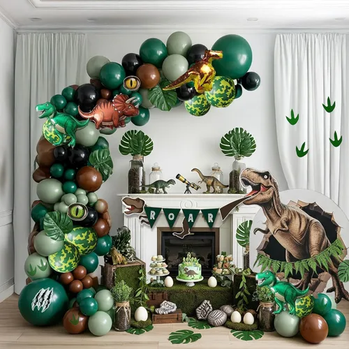 Vista 2 de Decoraciones de Fiesta de Cumpleaños de Dinosaurio kit de arco de globos verde cazador negro marrón con mini globos de papel de aluminio de dino