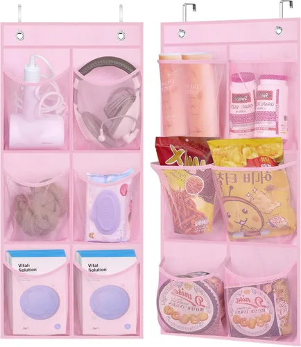 Vista 9 de KIMBORA Paquete de 2 organizadores estrechos sobre la puerta/pared, pequeño zapatero colgante para armario con bolsillo de malla transparente