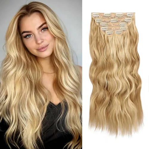 Vista 30 de WECAN Extensión de cabello con clip, de 20 pulgadas, mezcla de rubio ceniza y rubio decolorado, 6 piezas, extensiones de cabello largo ondulado