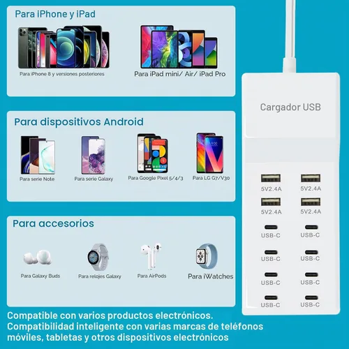 Vista 4 de Cargador USB, estación de carga de 12 puertos (4 puertos USB-A y 8 puertos USB-C) compatible con múltiples dispositivos para iPhone 15/14/13/12Pro