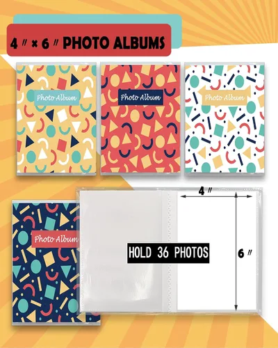 Vista 2 de Álbum de fotos pequeño de 4 x 6 para fotos, juego de 4, capacidad para 36 fotos cada una, capacidad de 144, 4 patrones, fundas flexibles extraíbles