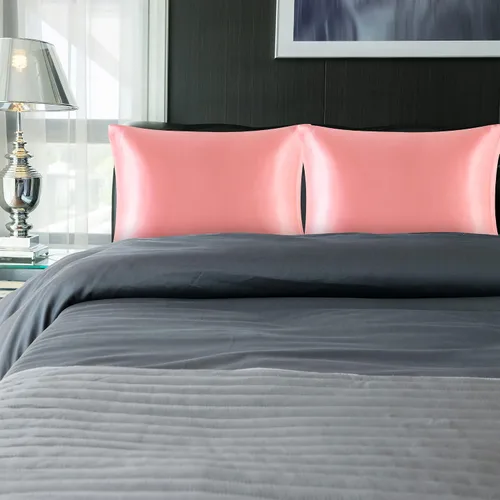 Vista 2 de PiccoCasa Juego de 2 fundas de almohada de satén con cremallera de 85 GSM Coral claro