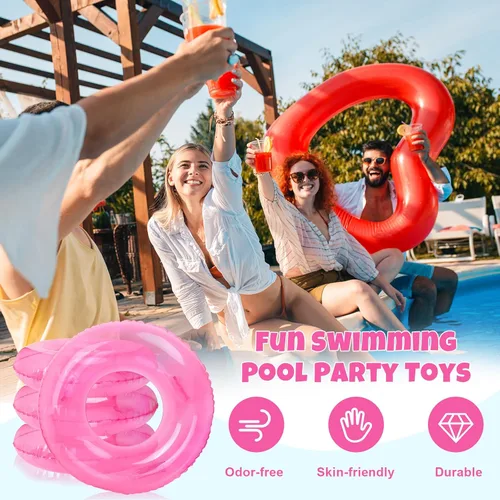 Vista 3 de FYSUIMU 4 flotadores inflables para piscina con asas, anillos de natación rosa transparente, tubos de piscina para adultos, adolescentes, piscina