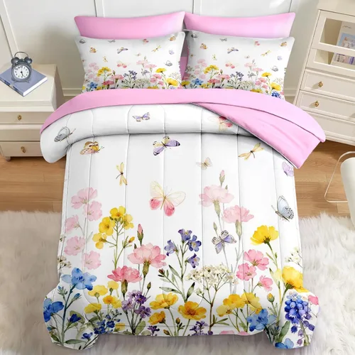 Vista 9 de Nesker Juego de edredón de primavera de 5 piezas, tamaño individual, juego de ropa de cama floral con mariposas para niños y adultos, juego
