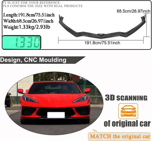 Vista 4 de AMNOOL Borde de parachoques delantero de fibra de carbono para Chevrolet Corvette Stingray C8 2 puertas 2020-2021 Protector divisor de alerón