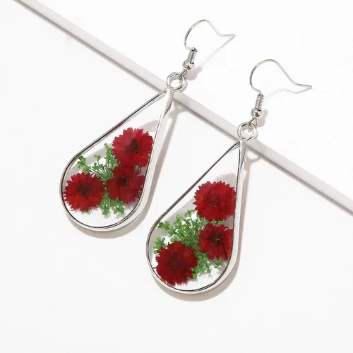 Vista 3 de Pendientes de lágrima de flor prensada, flores secas, gota colgante, joyería de moda