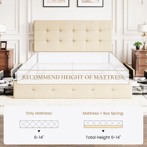 Vista 8 de SHA CERLIN Base de cama de plataforma tamaño matrimonial tapizada con 4 cajones de almacenamiento, cabecero ajustable con diseño cosido en cuadrados