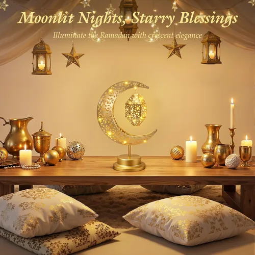 Vista 5 de Luxspire Lámpara de luna de Ramadán, luna creciente y estrella, luces de Ramadán, decoraciones para el hogar, decoración de Eid Mubarak, faroles