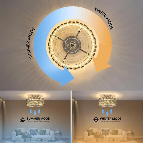 Vista 5 de Ventilador de techo de cristal con luces, ventilador de techo moderno con control remoto, viento de 6 velocidades, LED regulable, ventilador