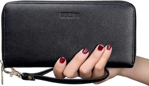 Vista 5 de WOZEAH - Cartera de piel sintética con cremallera y bloqueo RFID para mujer, ideal para viajar