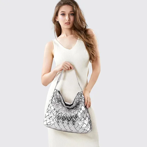 Vista 7 de Bolso tejido para mujer, bolso de mano de cuero vegano, bolso de mano retro, hecho a mano, grandes bolsas de hombro de playa de verano