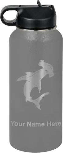 Vista 48 de LaserGram Botella de agua personalizada, tiburón martillo, acero inoxidable de doble pared aislada al vacío con popote superior, regalo grabado