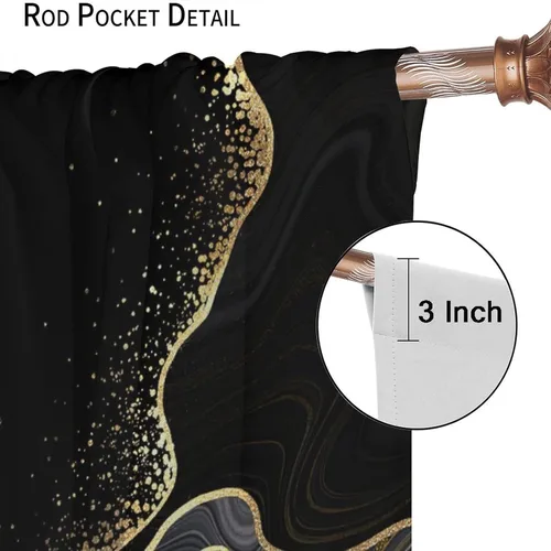 Vista 41 de Cortinas Negras con Dobladillo Dorado, Cortinas Opacas con Bolsillo para Barra con Estampado de Rayas de Foil en Onda Dorada para Decoración de Negro