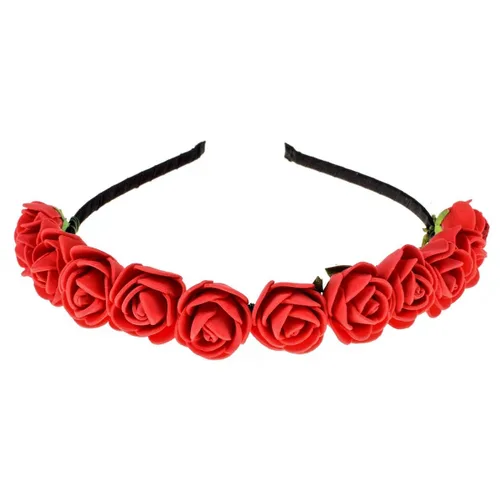 Vista 5 de Corona floral BOHO con diadema de rosas para el cabello (rojo oscuro)