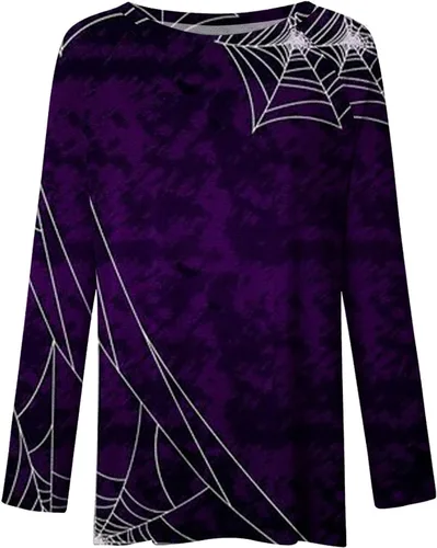 Vista 5 de Huilaibazo Túnica de Halloween para mujer, camisas gráficas de telaraña, blusa de manga larga fluida, túnica de talla grande para leggings