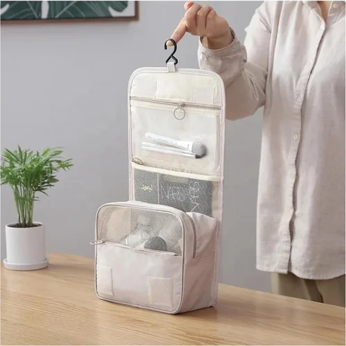 Vista 8 de Neceser de viaje – Pequeño organizador colgante de baño y cosméticos para hombres y mujeres – Bolsa de viaje para artículos de tocador, Beige
