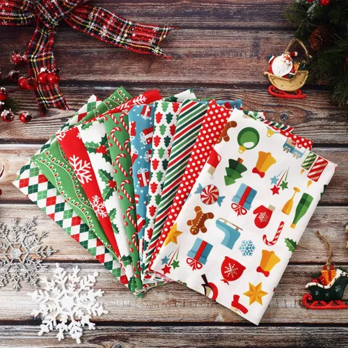 Vista 7 de Tatuo 10 Piezas de Tela de Algodón Cuadrada para Navidad, Precortada, Patchwork, Copo de Nieve, Impresión Roja y Verde, para Costura Navideña