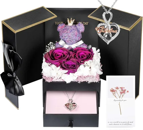 Vista 18 de AddWel Regalos de rosas para mujer, rosas azules reales preservadas con collar I Love You en 100 idiomas y lindo oso de musgo para novia, esposa
